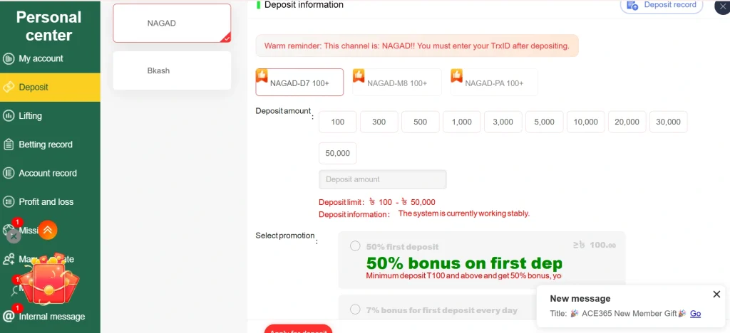 Ace365 deposit
